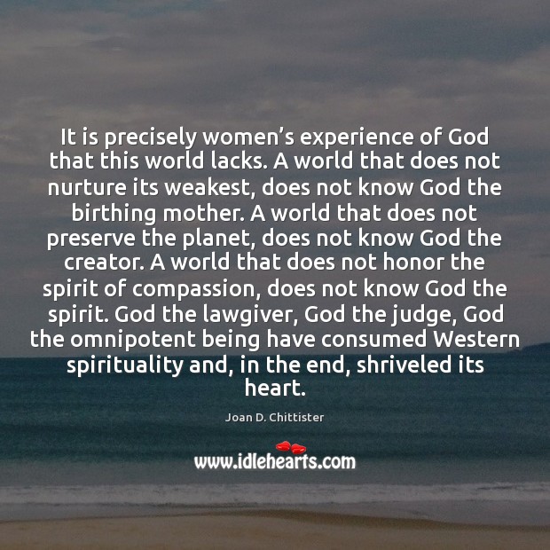 It is precisely women’s experience of God that this world lacks. Joan D. Chittister Picture Quote