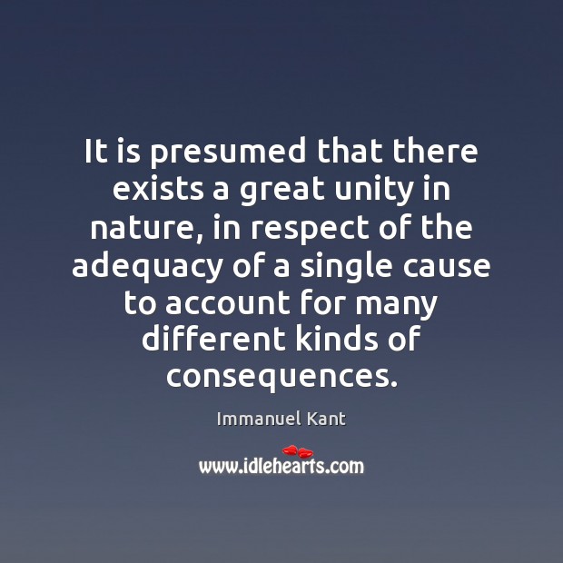 It is presumed that there exists a great unity in nature, in Immanuel Kant Picture Quote