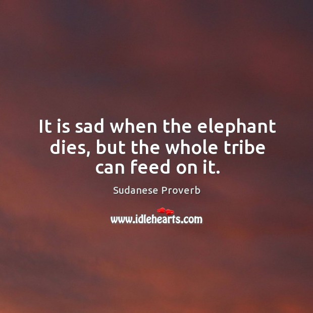 It is sad when the elephant dies, but the whole tribe can feed on it. Sudanese Proverbs Image