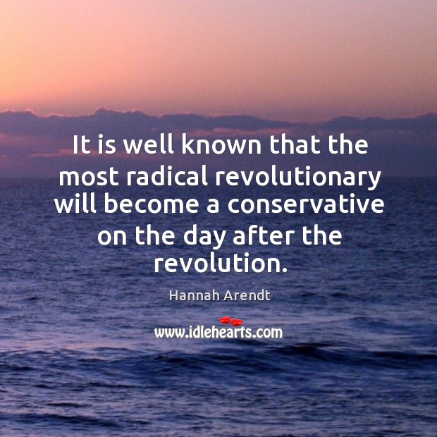 It is well known that the most radical revolutionary will become a conservative on the day after the revolution. Hannah Arendt Picture Quote