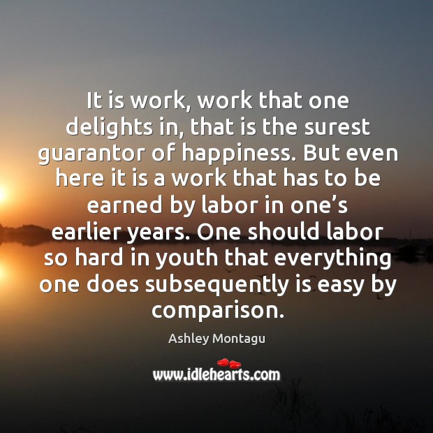It is work, work that one delights in, that is the surest guarantor of happiness. Ashley Montagu Picture Quote