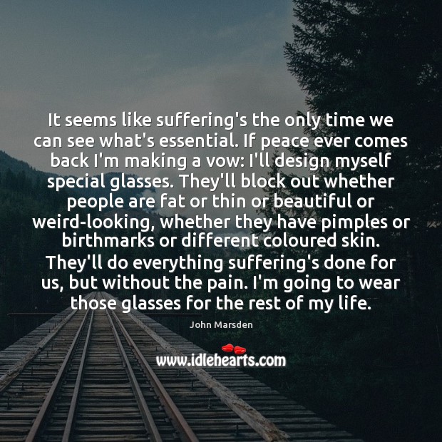 It seems like suffering’s the only time we can see what’s essential. John Marsden Picture Quote