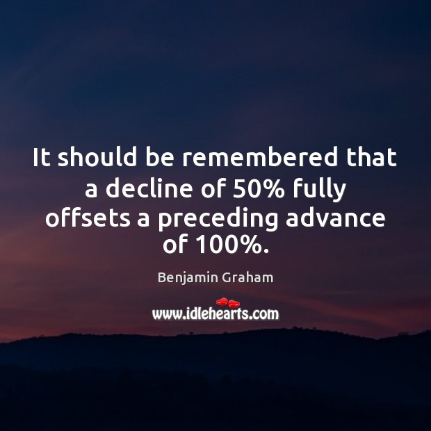 It should be remembered that a decline of 50% fully offsets a preceding advance of 100%. Benjamin Graham Picture Quote