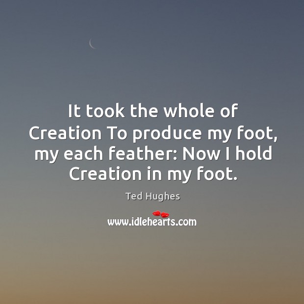 It took the whole of creation to produce my foot, my each feather: now I hold creation in my foot. Ted Hughes Picture Quote