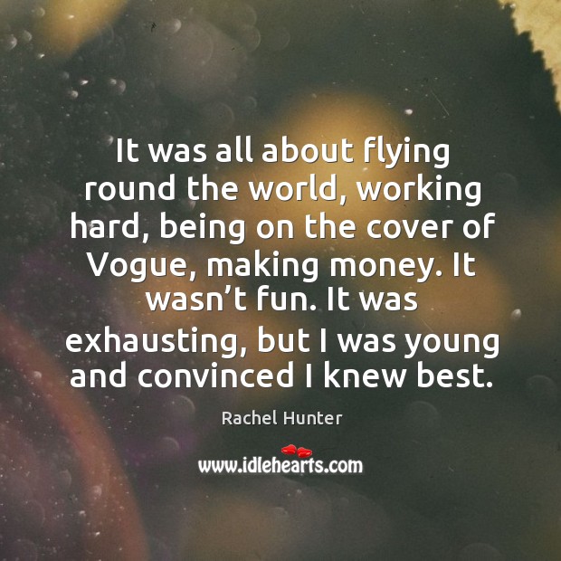 It was all about flying round the world, working hard, being on the cover of vogue, making money. Rachel Hunter Picture Quote