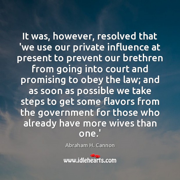 It was, however, resolved that ‘we use our private influence at present Abraham H. Cannon Picture Quote