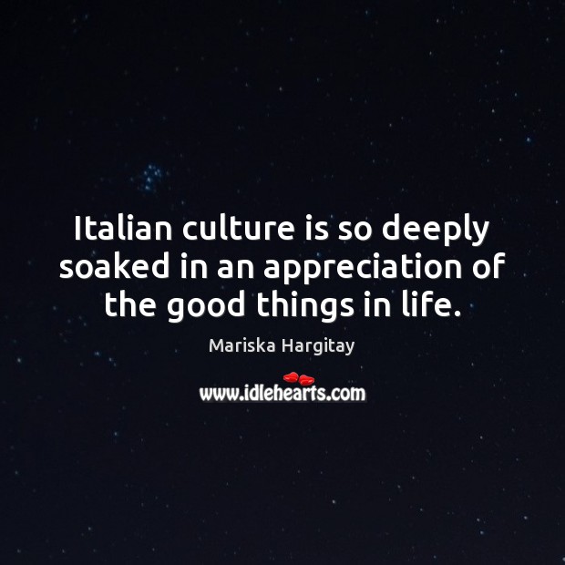 Italian culture is so deeply soaked in an appreciation of the good things in life. Mariska Hargitay Picture Quote