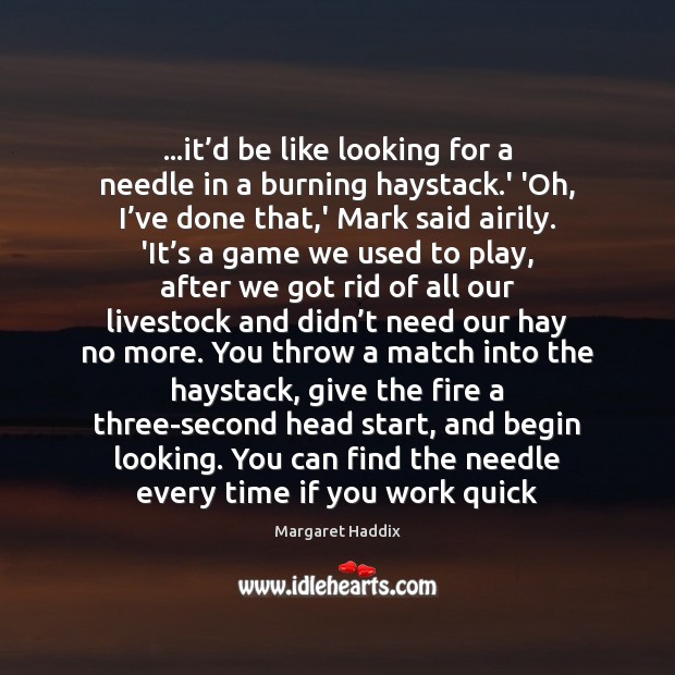 …it’d be like looking for a needle in a burning haystack. Margaret Haddix Picture Quote