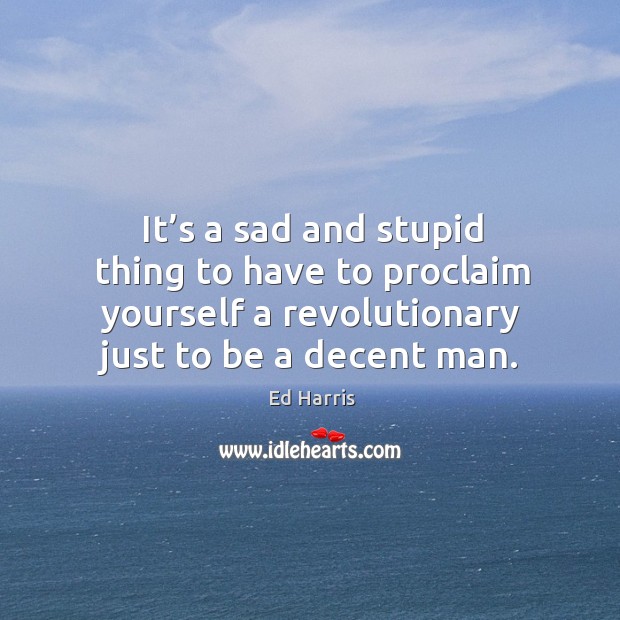 It’s a sad and stupid thing to have to proclaim yourself a revolutionary just to be a decent man. Ed Harris Picture Quote