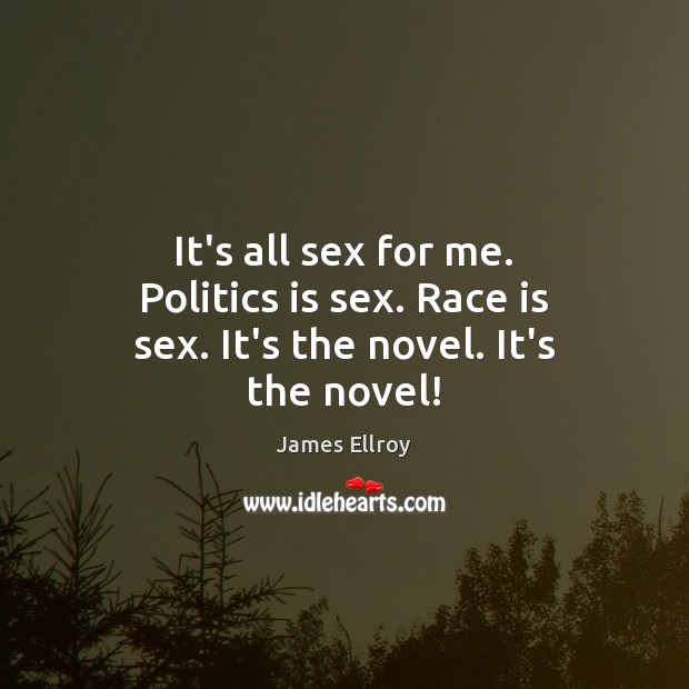 It’s all sex for me. Politics is sex. Race is sex. It’s the novel. It’s the novel! James Ellroy Picture Quote