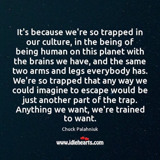 It’s because we’re so trapped in our culture, in the being of Chuck Palahniuk Picture Quote