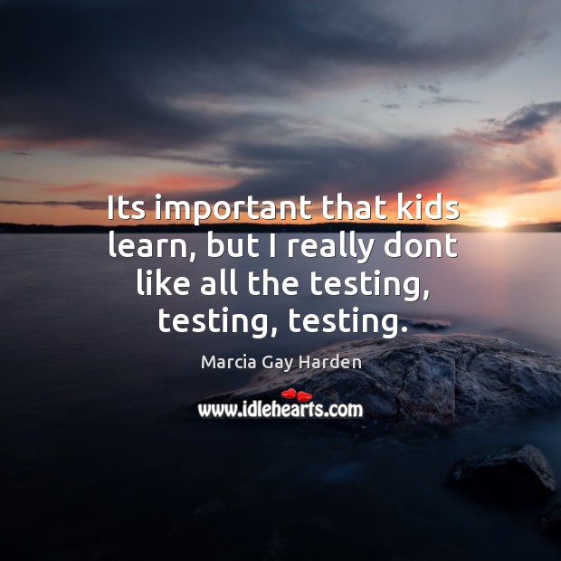 Its important that kids learn, but I really dont like all the testing, testing, testing. Marcia Gay Harden Picture Quote
