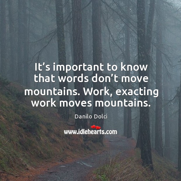 It’s important to know that words don’t move mountains. Work, exacting work moves mountains. Danilo Dolci Picture Quote