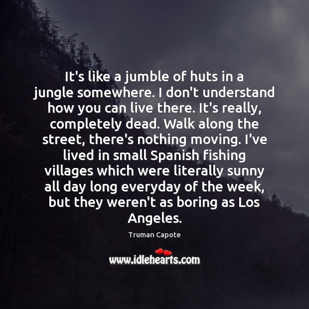 It’s like a jumble of huts in a jungle somewhere. I don’t Truman Capote Picture Quote