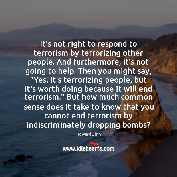 It’s not right to respond to terrorism by terrorizing other people. And Howard Zinn Picture Quote