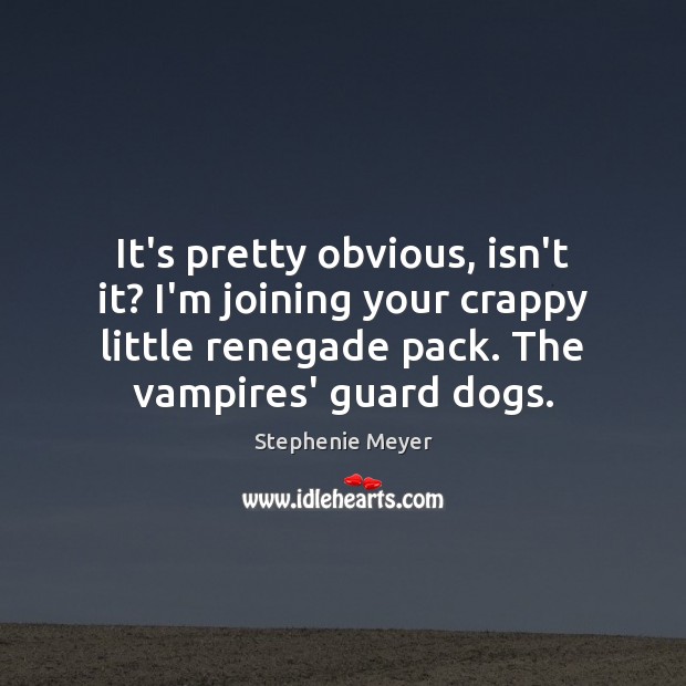It’s pretty obvious, isn’t it? I’m joining your crappy little renegade pack. Stephenie Meyer Picture Quote