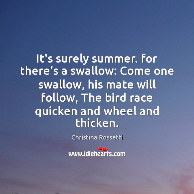 It’s surely summer. for there’s a swallow: Come one swallow, his mate Christina Rossetti Picture Quote