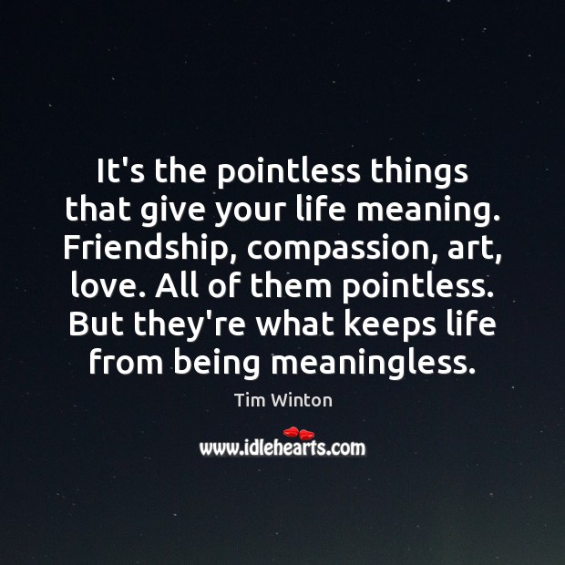It’s the pointless things that give your life meaning. Friendship, compassion, art, Tim Winton Picture Quote