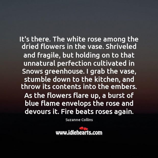 It’s there. The white rose among the dried flowers in the vase. Image