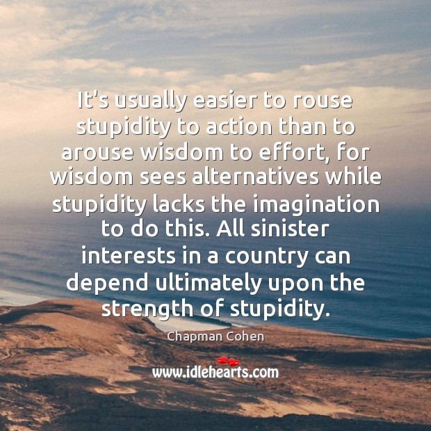 It’s usually easier to rouse stupidity to action than to arouse wisdom Chapman Cohen Picture Quote