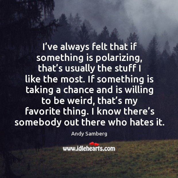 I’ve always felt that if something is polarizing, that’s usually the stuff I like the most. Andy Samberg Picture Quote