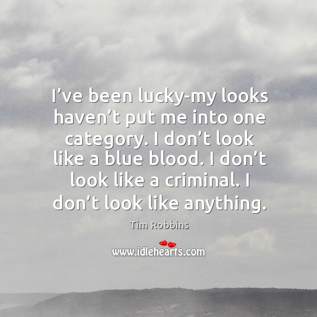 I’ve been lucky-my looks haven’t put me into one category. Tim Robbins Picture Quote