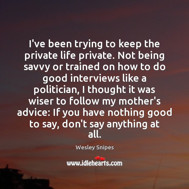 I’ve been trying to keep the private life private. Not being savvy Wesley Snipes Picture Quote