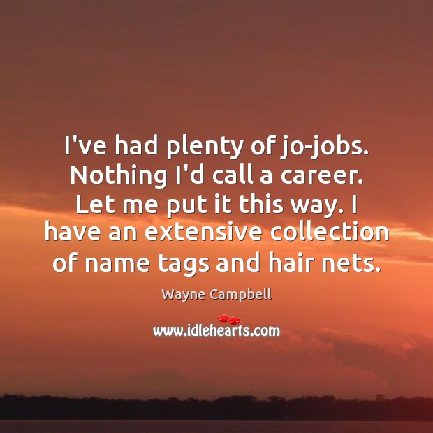 I’ve had plenty of jo-jobs. Nothing I’d call a career. Let me Wayne Campbell Picture Quote