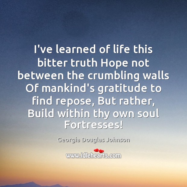 I’ve learned of life this bitter truth Hope not between the crumbling Georgia Douglas Johnson Picture Quote
