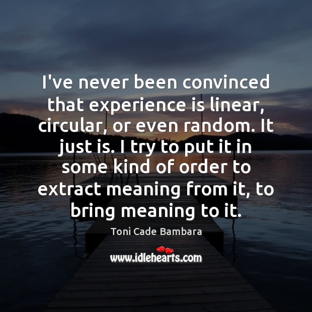 I’ve never been convinced that experience is linear, circular, or even random. Toni Cade Bambara Picture Quote