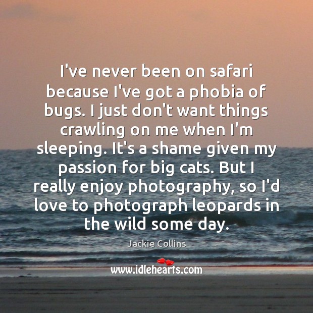 I’ve never been on safari because I’ve got a phobia of bugs. Jackie Collins Picture Quote