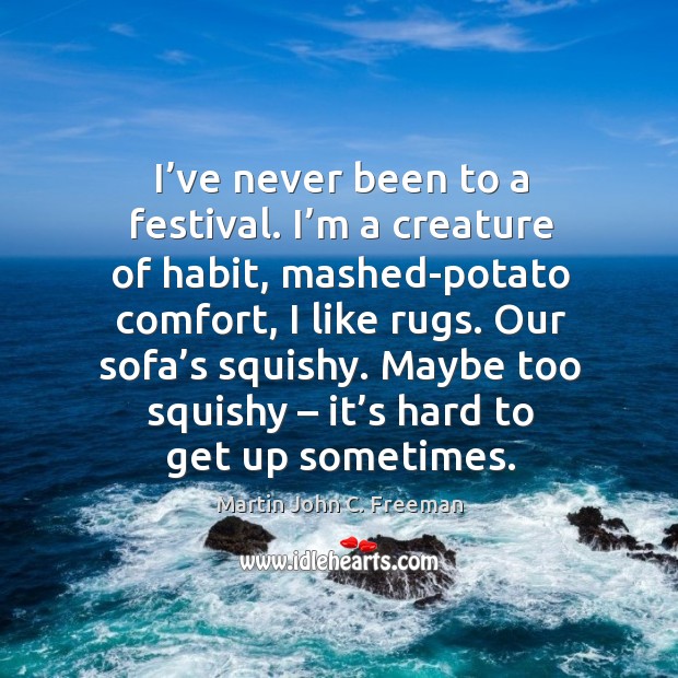 I’ve never been to a festival. I’m a creature of habit, mashed-potato comfort, I like rugs. Our sofa’s squishy. Image