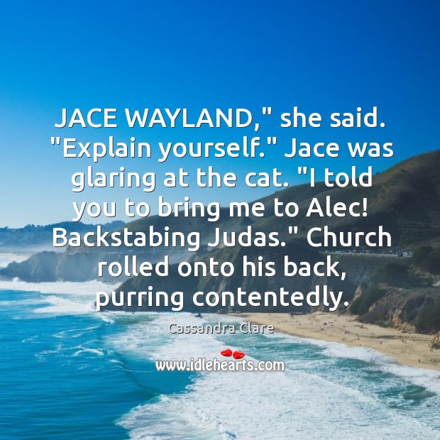 JACE WAYLAND,” she said. “Explain yourself.” Jace was glaring at the cat. “ Image