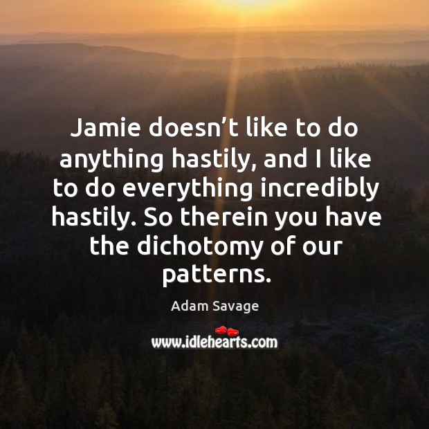 Jamie doesn’t like to do anything hastily, and I like to do everything incredibly hastily. Adam Savage Picture Quote