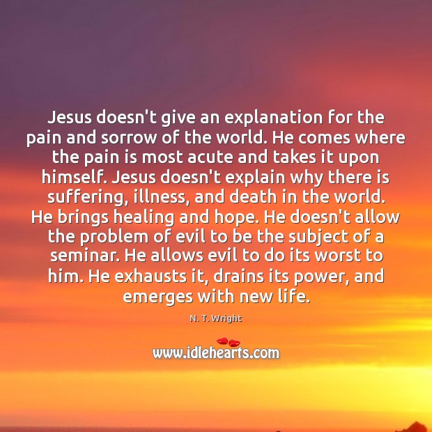 Jesus doesn’t give an explanation for the pain and sorrow of the N. T. Wright Picture Quote