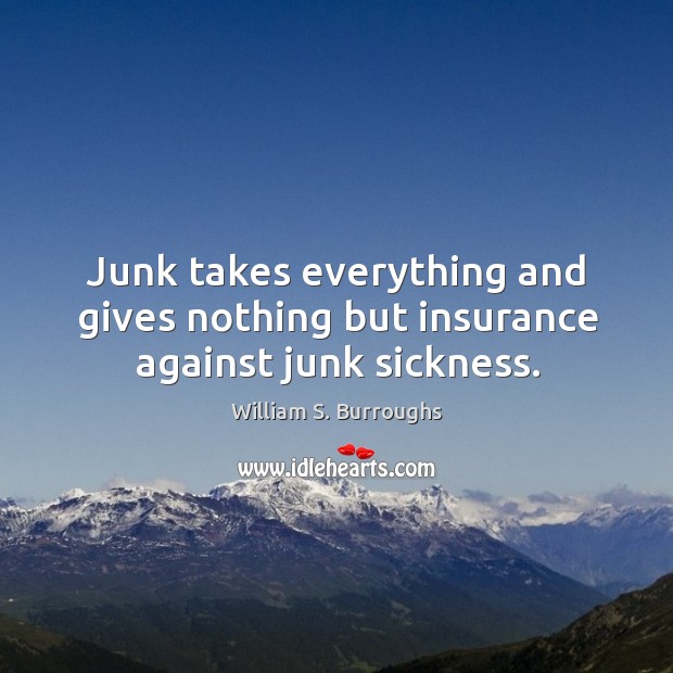 Junk takes everything and gives nothing but insurance against junk sickness. William S. Burroughs Picture Quote