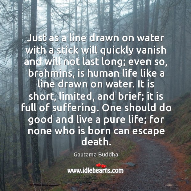 Just as a line drawn on water with a stick will quickly Gautama Buddha Picture Quote