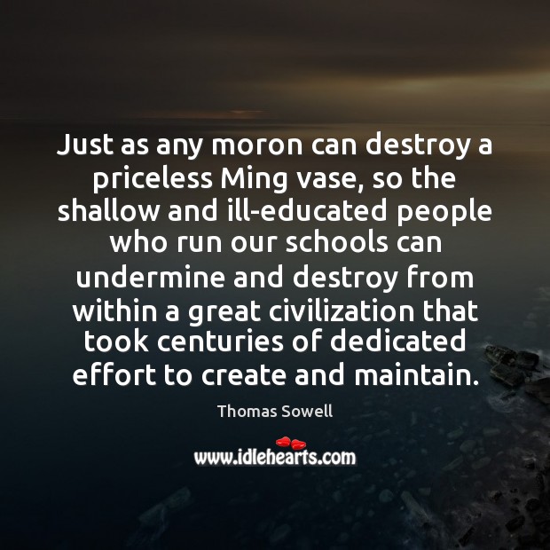 Just as any moron can destroy a priceless Ming vase, so the Thomas Sowell Picture Quote