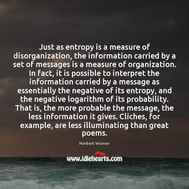 Just as entropy is a measure of disorganization, the information carried by Norbert Wiener Picture Quote