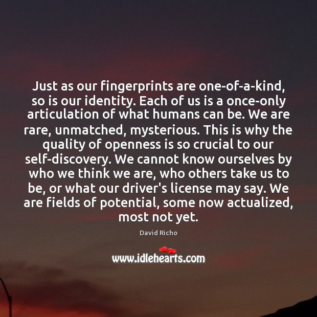 Just as our fingerprints are one-of-a-kind, so is our identity. Each of David Richo Picture Quote