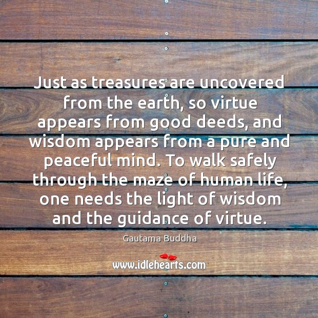 Just as treasures are uncovered from the earth, so virtue appears from good deeds Gautama Buddha Picture Quote