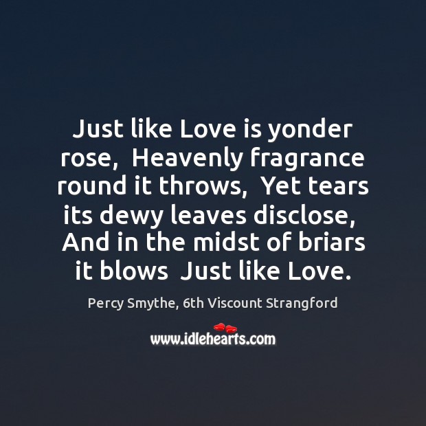 Just like Love is yonder rose,  Heavenly fragrance round it throws,  Yet Image