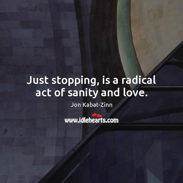 Just stopping, is a radical act of sanity and love. Jon Kabat-Zinn Picture Quote