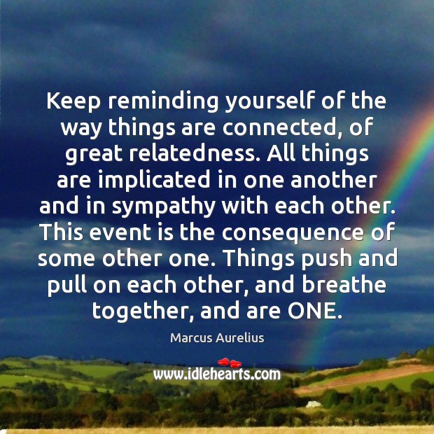 Keep reminding yourself of the way things are connected, of great relatedness. Marcus Aurelius Picture Quote