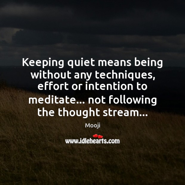 Keeping quiet means being without any techniques, effort or intention to meditate… Mooji Picture Quote