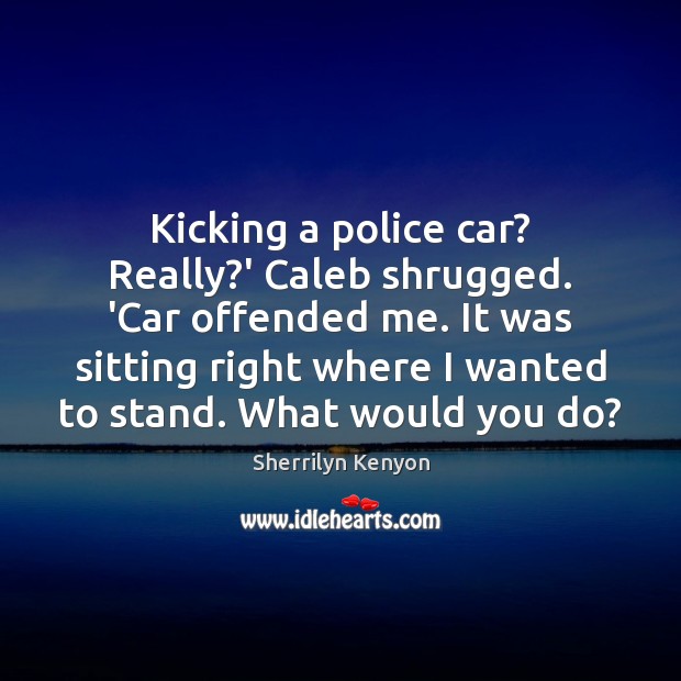 Kicking a police car? Really?’ Caleb shrugged. ‘Car offended me. It 