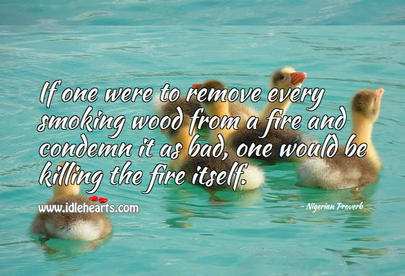 If one were to remove every smoking wood from a fire and condemn it as bad, one would be killing the fire itself. Nigerian Proverbs Image