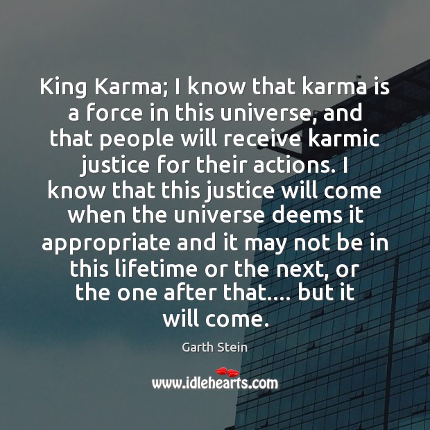 King Karma; I know that karma is a force in this universe, Garth Stein Picture Quote