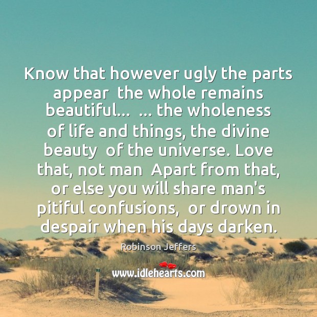 Know that however ugly the parts appear  the whole remains beautiful…  … the Robinson Jeffers Picture Quote