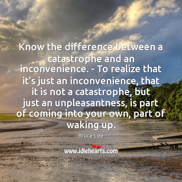 Know the difference between a catastrophe and an inconvenience. – To realize Bruce Lee Picture Quote